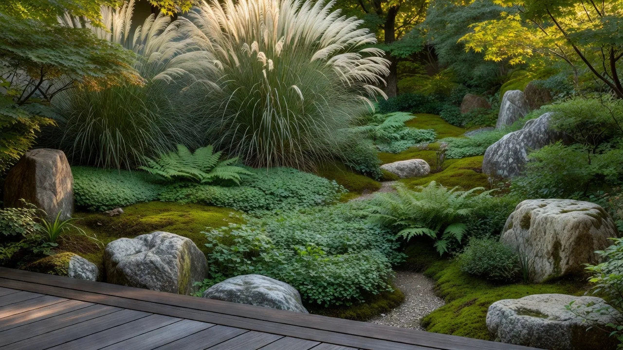 重層的な植栽とデッキ・石材
